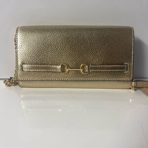 Michael Kors Carson Gold Pebble Leather Wallet On A Chain Crossbody